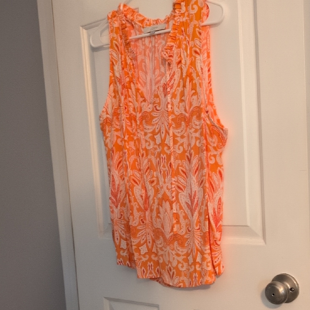 LOFT Orange and White Paisley Ruffle-Trim Sleeveless Top